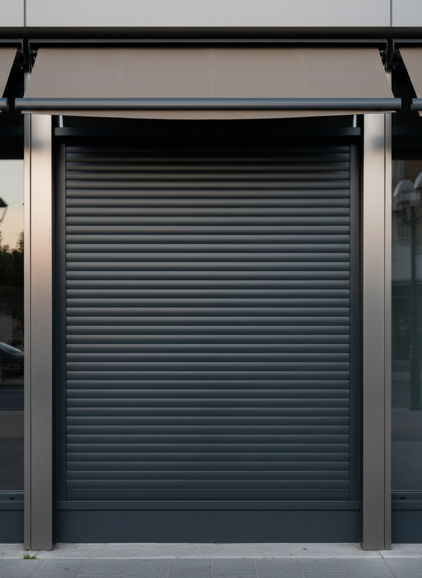 A clean, photographic close-up of an exterior aluminum shutter system installed on a commercial storefront. The shutter slats are perfectly aligned in a deep gray tone with a smooth, semi-gloss finish, covering a large display window framed by minimalist aluminum profiles. An extended articulated-arm awning in a complementary color projects above, casting soft shade on the facade and suggesting sun protection and energy savings. Early evening light from the street and soft ambient reflections on the glass create a professional, urban atmosphere. Shot straight-on with precise verticals and horizontals, the image emphasizes the robustness, security, and aesthetic integration of the serramenti solutions for business premises.