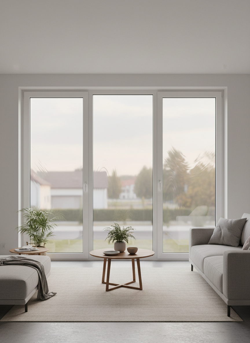 A wide, eye-level photographic view of a modern living room showcasing a large floor-to-ceiling PVC window system with triple glazing. The white, perfectly aligned frames have a subtle matte texture, meeting seamlessly at the corners to emphasize precision and quality. Beyond the glass, a quiet residential neighborhood facade is softly blurred. Afternoon natural light streams through, illuminating the interior while the outside noise feels distant, suggesting excellent soundproofing. Gentle reflections on the glass hint at low-emissivity coating for energy efficiency. The composition uses the rule of thirds to balance the window with a minimalist interior, creating a calm, professional atmosphere that highlights security, thermal insulation, and contemporary design.