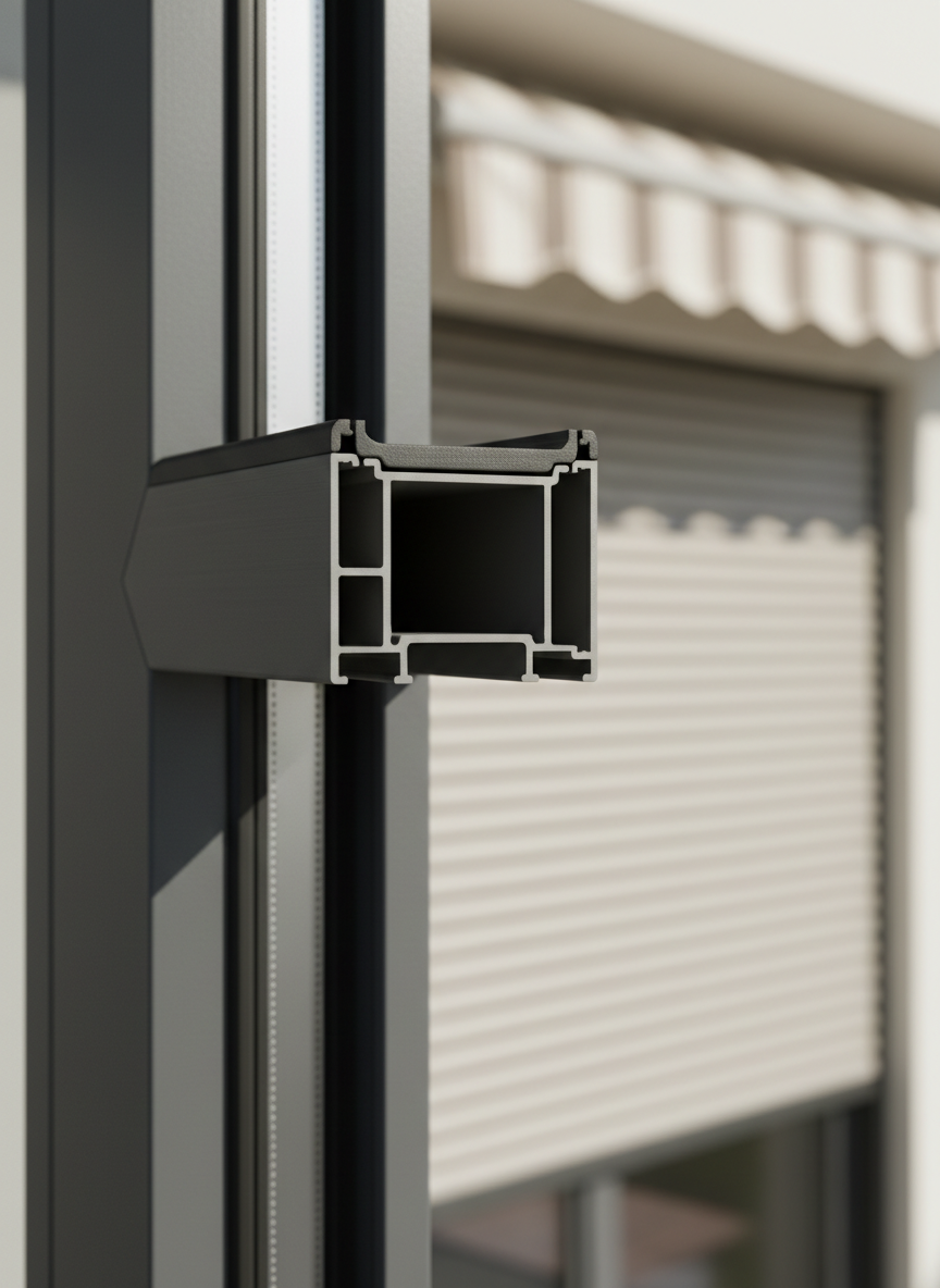 A close-up photographic detail of a high-end aluminum window frame in anthracite gray, captured from a slightly angled perspective to reveal the multi-chamber profile and flawless gasket seals. The camera focuses sharply on the corner joint where the vertical and horizontal profiles meet, showing precise mitre cuts, brushed metal texture, and discrete hardware. In the blurred background, a sunny exterior facade with roller shutters and an awning hints at a complete serramenti solution. Soft studio lighting creates clean highlights along the metal edges and gentle shadows in the recesses, conveying a technical, professional mood and emphasizing durability, craftsmanship, and energy-efficient construction.