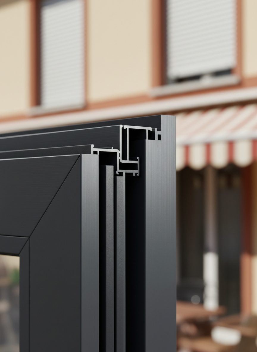 A close-up photographic detail of a high-end aluminum window frame in anthracite gray, captured from a slightly angled perspective to reveal the multi-chamber profile and flawless gasket seals. The camera focuses sharply on the corner joint where the vertical and horizontal profiles meet, showing precise mitre cuts, brushed metal texture, and discrete hardware. In the blurred background, a sunny exterior facade with roller shutters and an awning hints at a complete serramenti solution. Soft studio lighting creates clean highlights along the metal edges and gentle shadows in the recesses, conveying a technical, professional mood and emphasizing durability, craftsmanship, and energy-efficient construction.