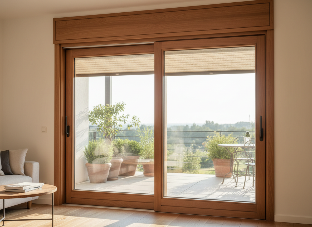 An elegant interior scene focused on a large sliding glass door in warm-toned wood, leading from a bright living area to a terrace. The wooden frame shows rich grain, smooth satin finish, and sturdy hardware, suggesting long-lasting quality. Integrated mosquito nets are subtly visible within the frame, while above, a discreet cassette hosts a partially lowered roller blind. Soft morning light filters through the glass, creating delicate reflections and emphasizing the thickness of the insulated glazing. The camera is positioned at a three-quarter angle with a medium-wide composition, maintaining sharp focus on the door and slightly blurring the terrace beyond. The mood is welcoming yet refined, highlighting comfort, energy efficiency, and acoustic insulation.