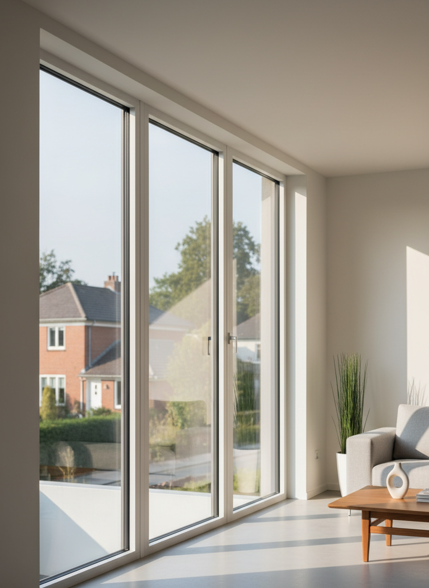 A wide, eye-level photographic view of a modern living room showcasing a large floor-to-ceiling PVC window system with triple glazing. The white, perfectly aligned frames have a subtle matte texture, meeting seamlessly at the corners to emphasize precision and quality. Beyond the glass, a quiet residential neighborhood facade is softly blurred. Afternoon natural light streams through, illuminating the interior while the outside noise feels distant, suggesting excellent soundproofing. Gentle reflections on the glass hint at low-emissivity coating for energy efficiency. The composition uses the rule of thirds to balance the window with a minimalist interior, creating a calm, professional atmosphere that highlights security, thermal insulation, and contemporary design.