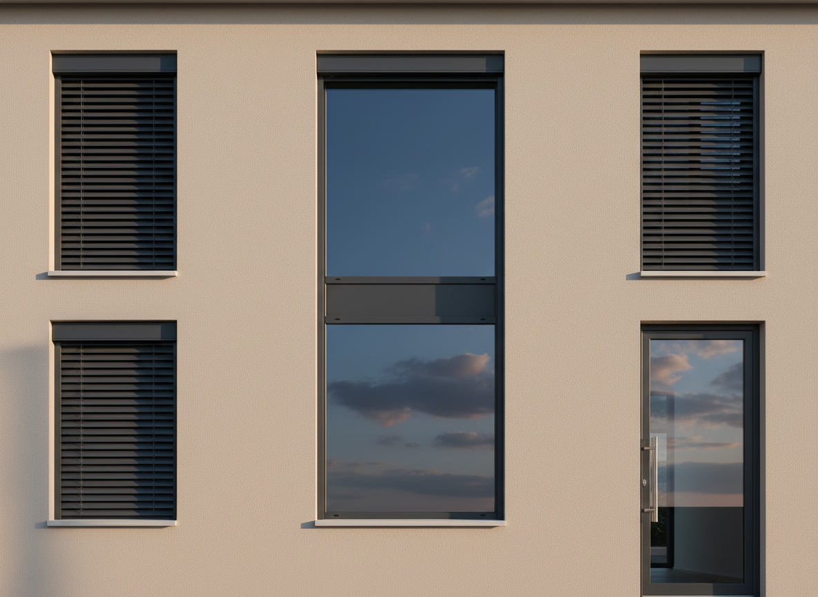 A contemporary residential facade photographed from street level, featuring a harmonious combination of PVC windows, aluminum shutters, and a sleek glass entrance door. The house exterior is finished in light, neutral tones that make the dark-framed windows and roller blinds stand out. Each opening shows a different solution: one casement window with closed shutters, another with semi-open roller blinds, and a large fixed glazing that reflects the sky. Late afternoon natural light casts long, soft shadows, providing depth and emphasizing the clean lines of the installation. The composition is balanced and symmetrical, with sharp focus throughout, conveying reliability, order, and the look of a finished, high-quality project by a professional serramenti company.
